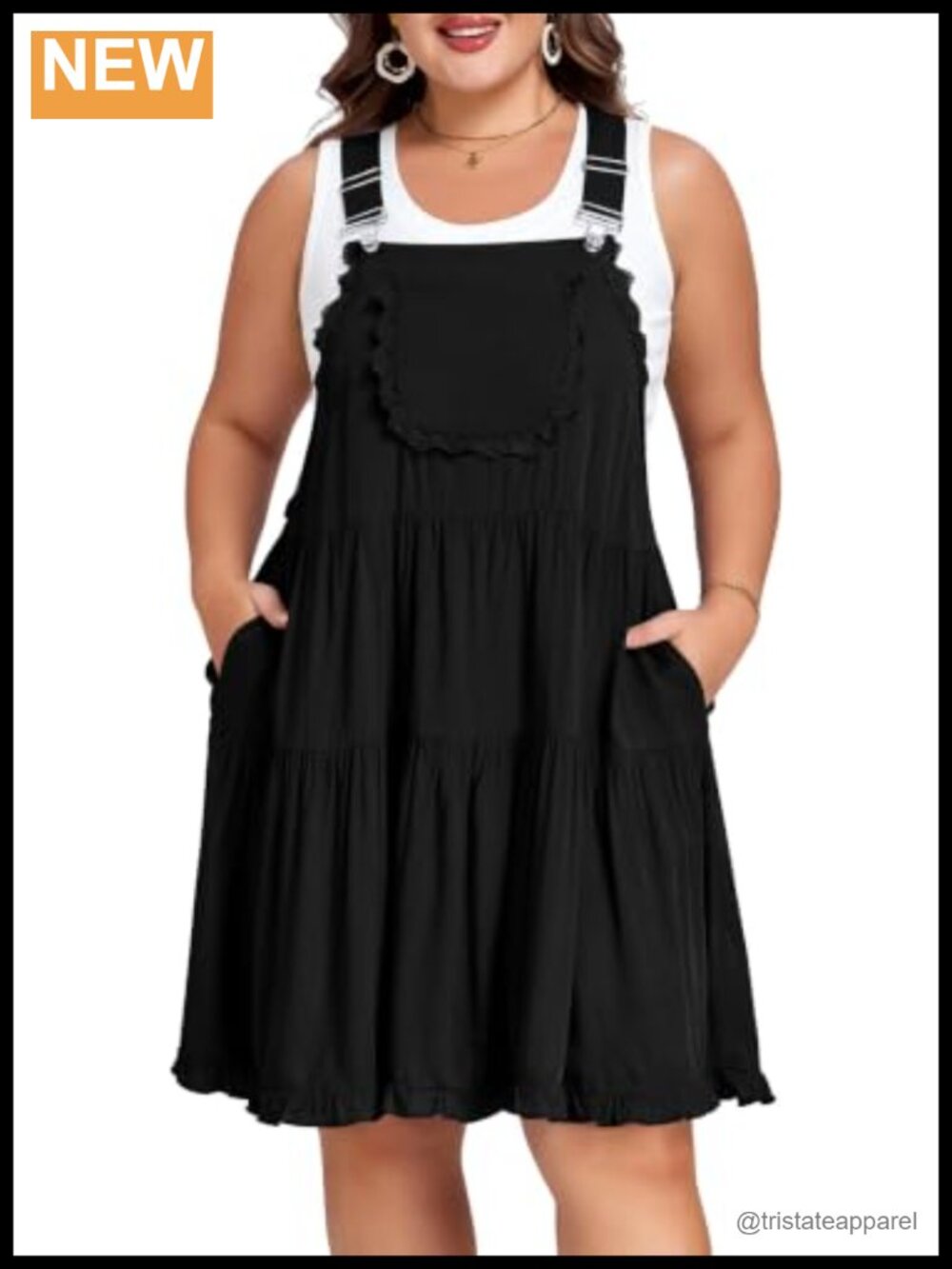 Plus Size Overalls Dress Adjustable Straps Lace Trim Pocket Mini